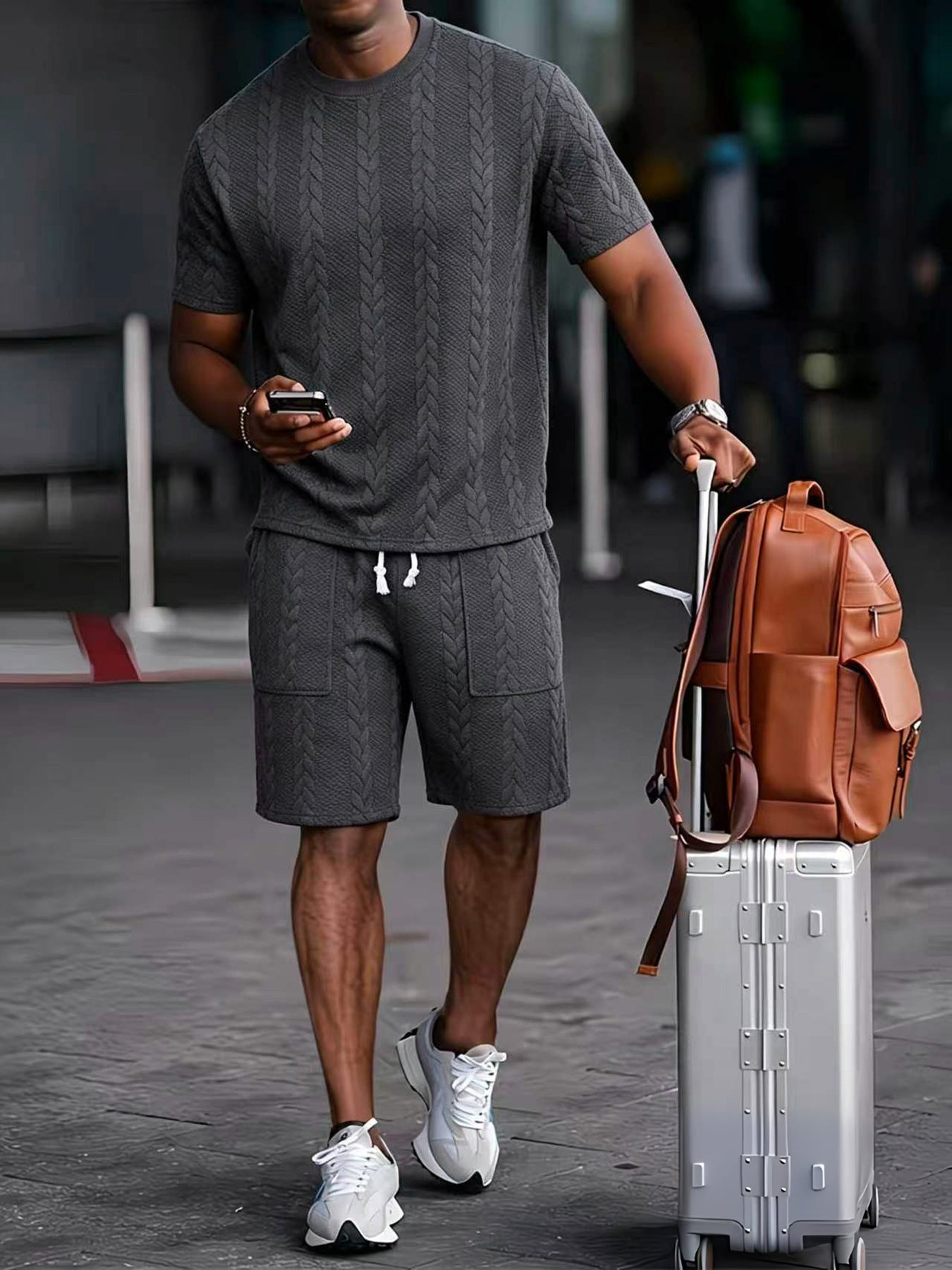 Drawstring Shorts Textured Casual Outfit - Gray