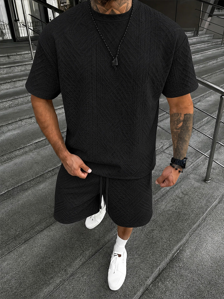 Drawstring Shorts Geometric Casual Outfit - Black