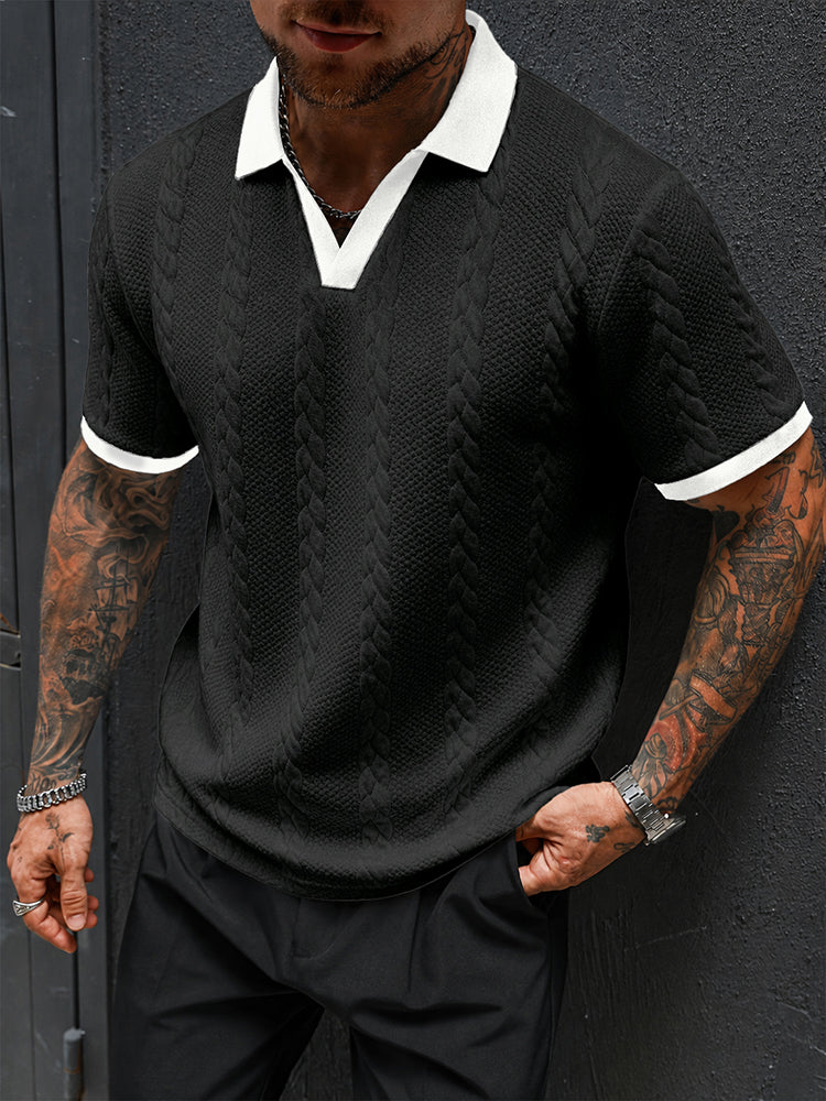Buttonless V-Neck Cable Textured Casual Business Tee - Black