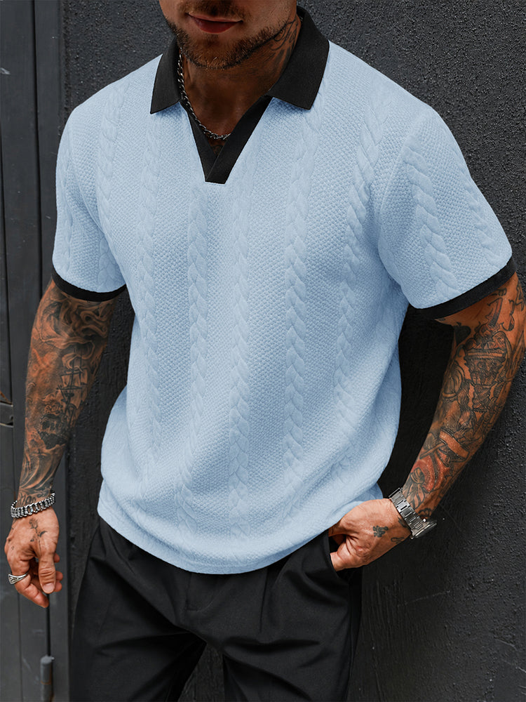 Buttonless V-Neck Cable Textured Casual Business Tee - Light blue
