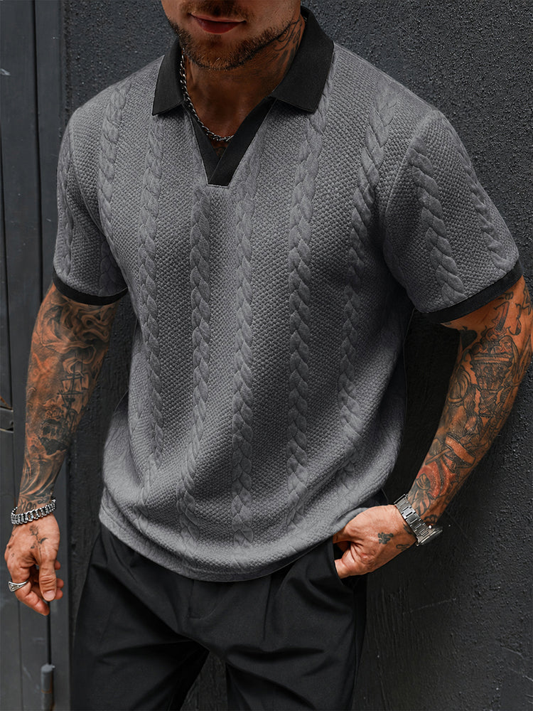 Buttonless V-Neck Cable Textured Casual Business Tee - Dark gray
