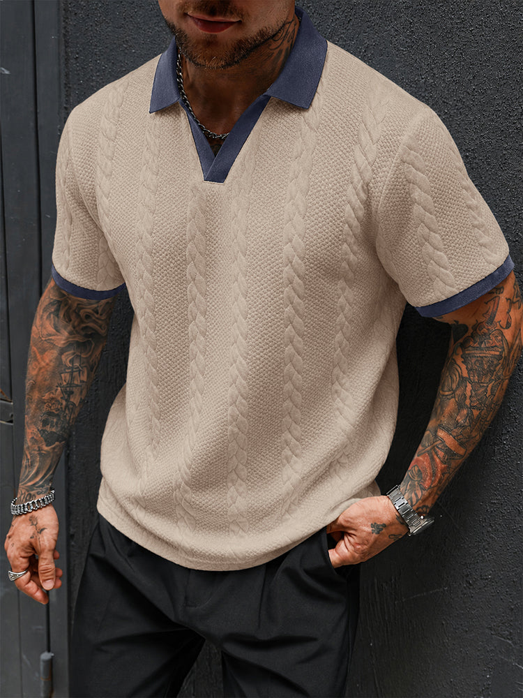 Buttonless V-Neck Cable Textured Casual Business Tee - Khaki