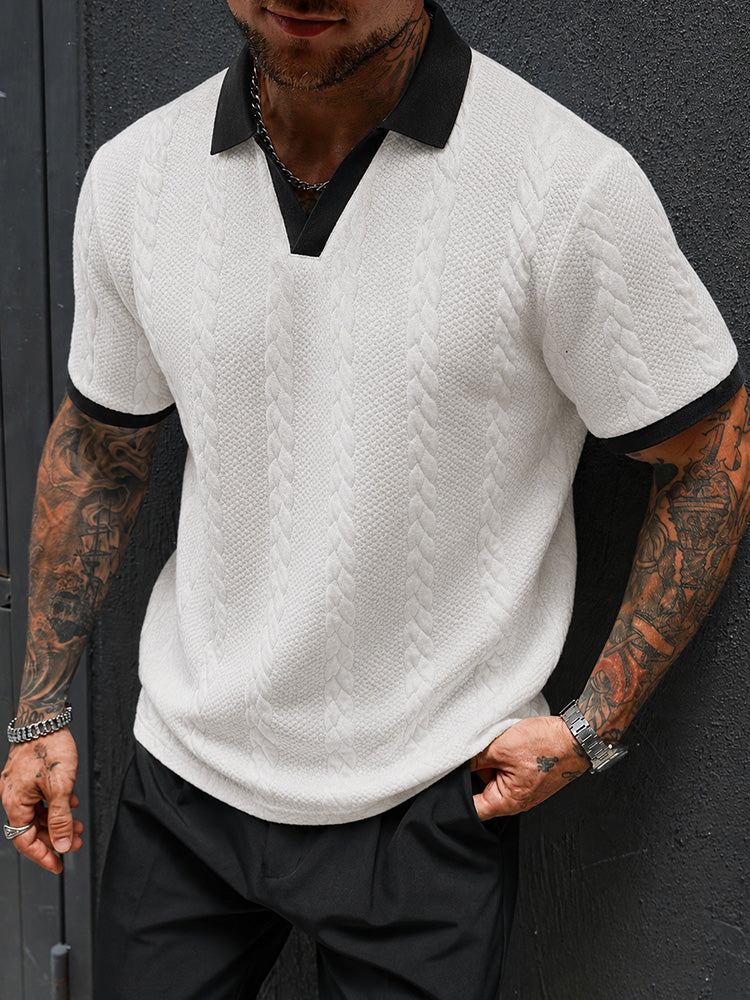 Buttonless V-Neck Cable Textured Casual Business Tee - White