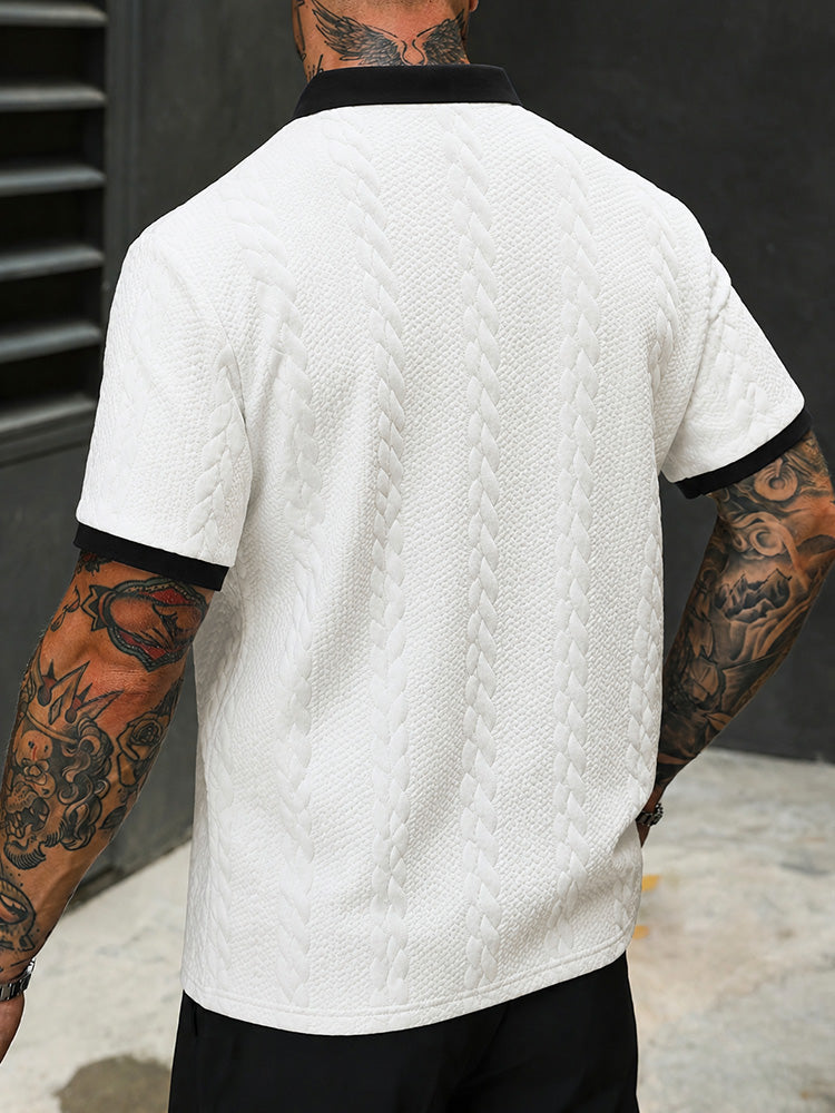 Buttonless V-Neck Cable Textured Casual Business Tee - White