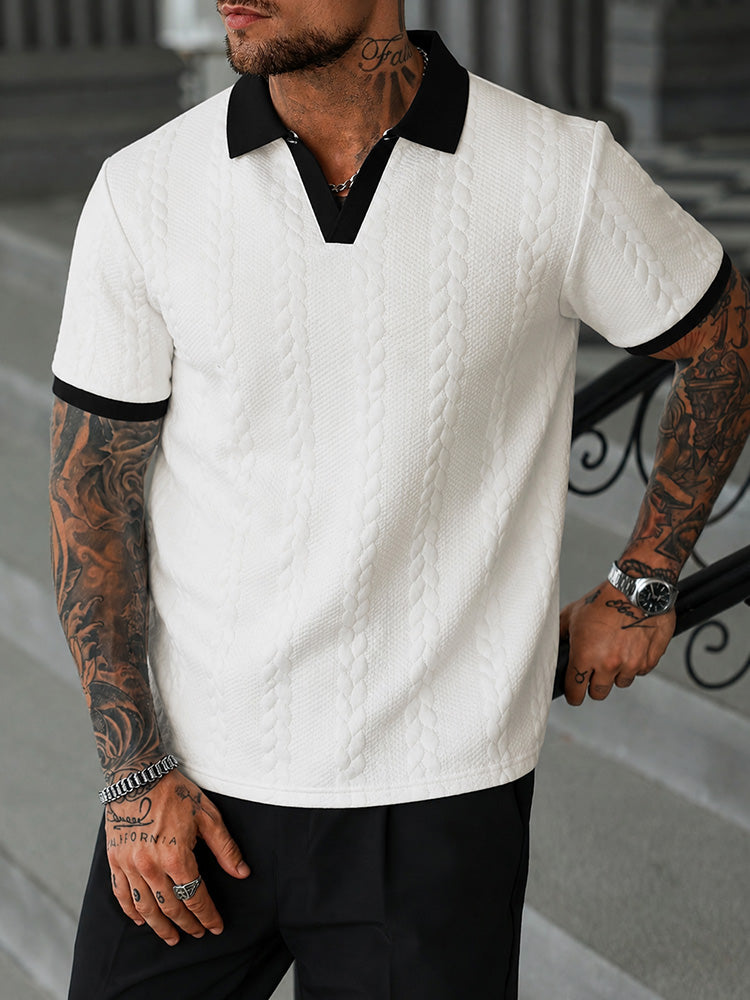Buttonless V-Neck Cable Textured Casual Business Tee - White