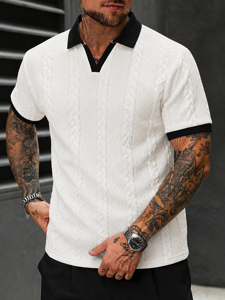 Buttonless V-Neck Cable Textured Casual Business Tee - White