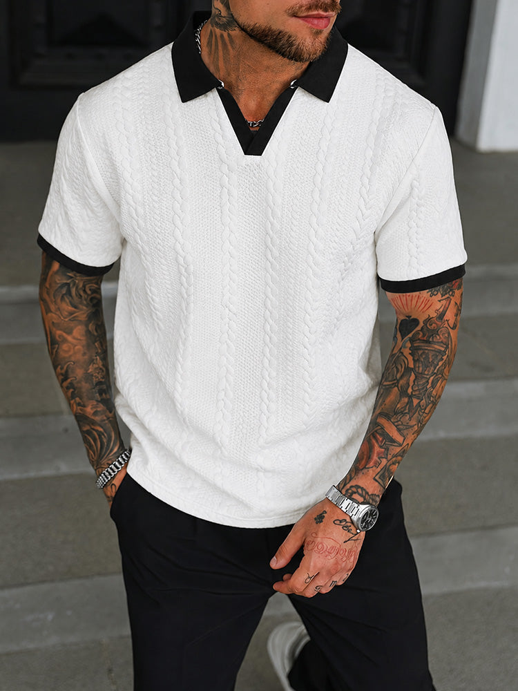 Buttonless V-Neck Cable Textured Casual Business Tee - White