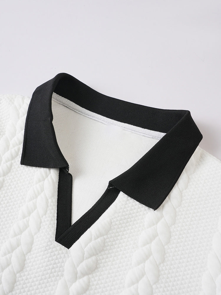 Buttonless V-Neck Cable Textured Casual Business Tee - White