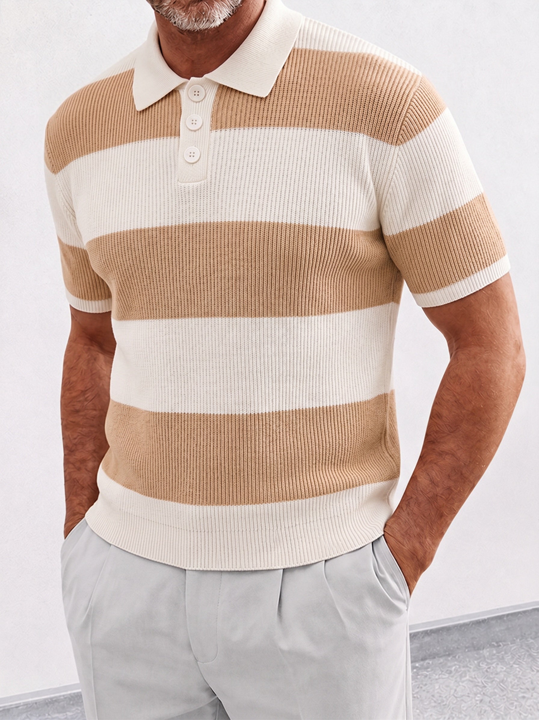Striped Knit Polo Shirt Short Sleeve Ribbed - Beige