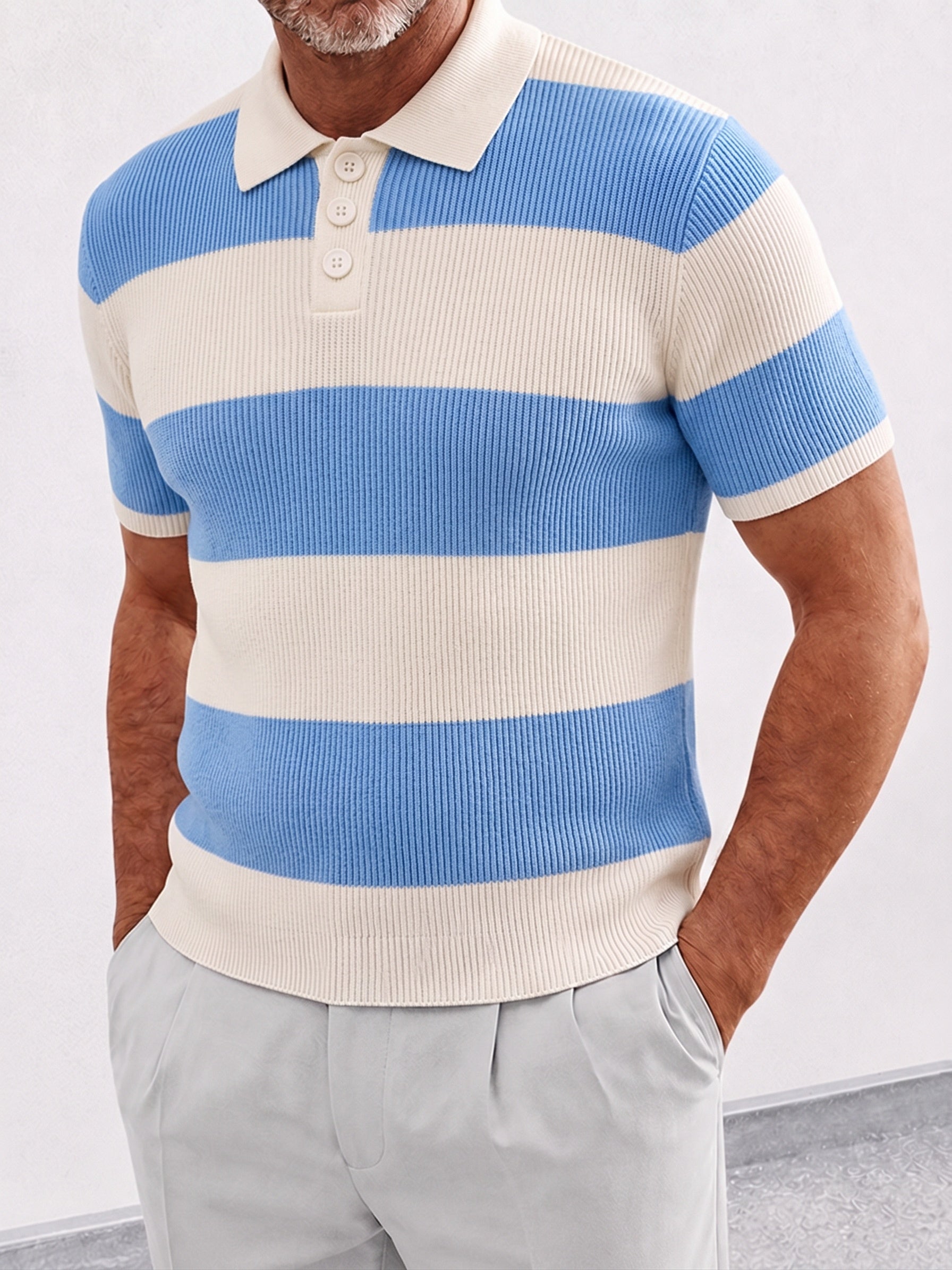 Striped Knit Polo Shirt Short Sleeve Ribbed - Blue