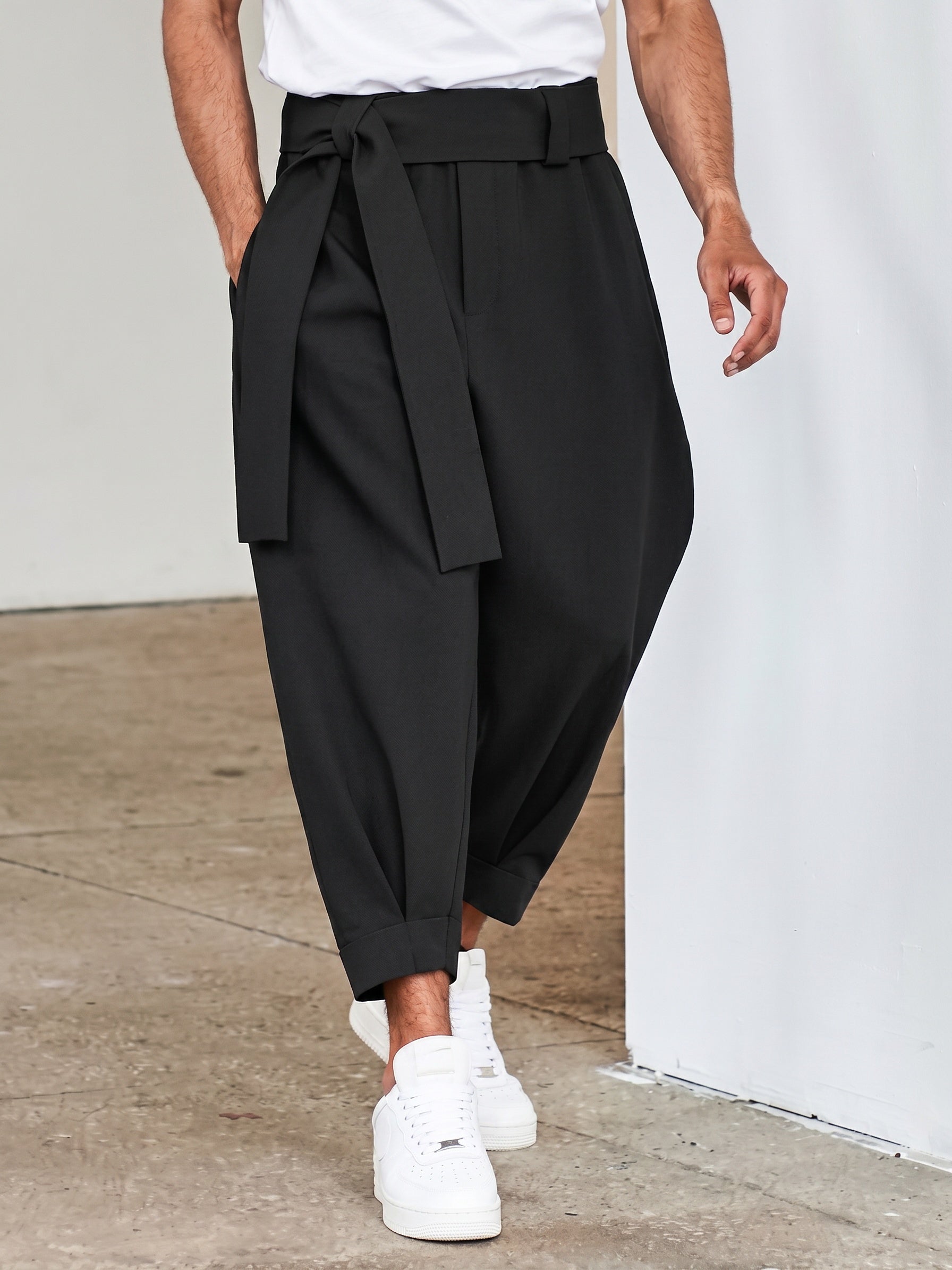 Belted Pleated Wide Leg Cropped Dress Harem Pants - Black