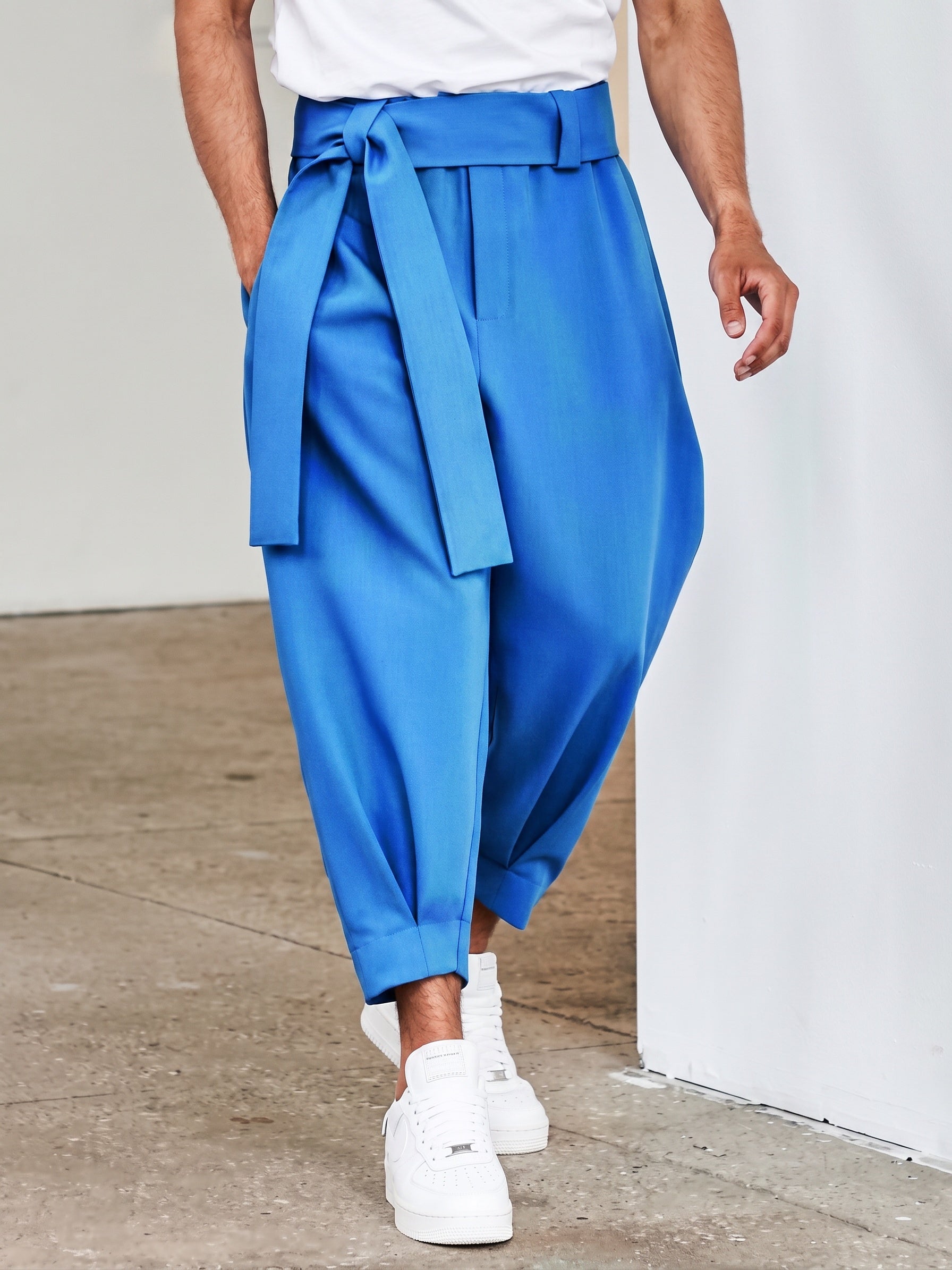 Belted Pleated Wide Leg Cropped Dress Harem Pants - Blue