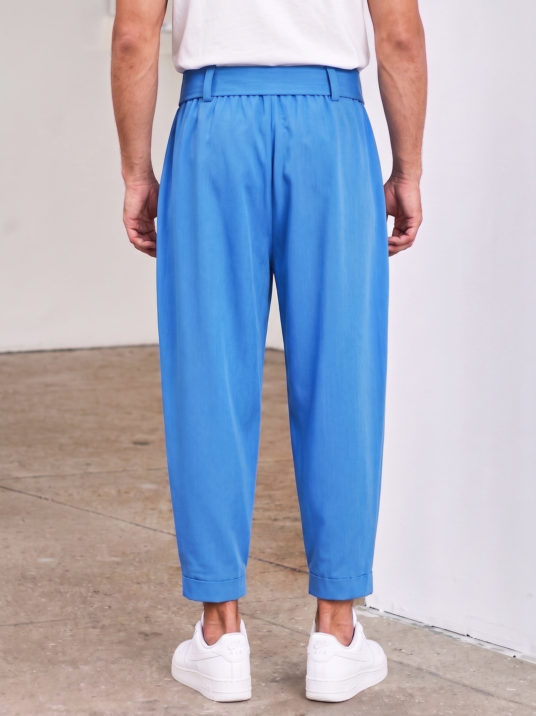 Belted Pleated Wide Leg Cropped Dress Harem Pants - Blue