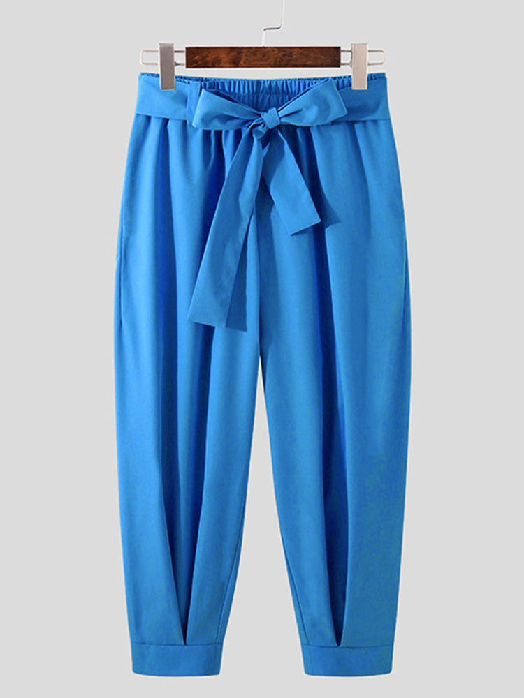 Belted Pleated Wide Leg Cropped Dress Harem Pants - Blue