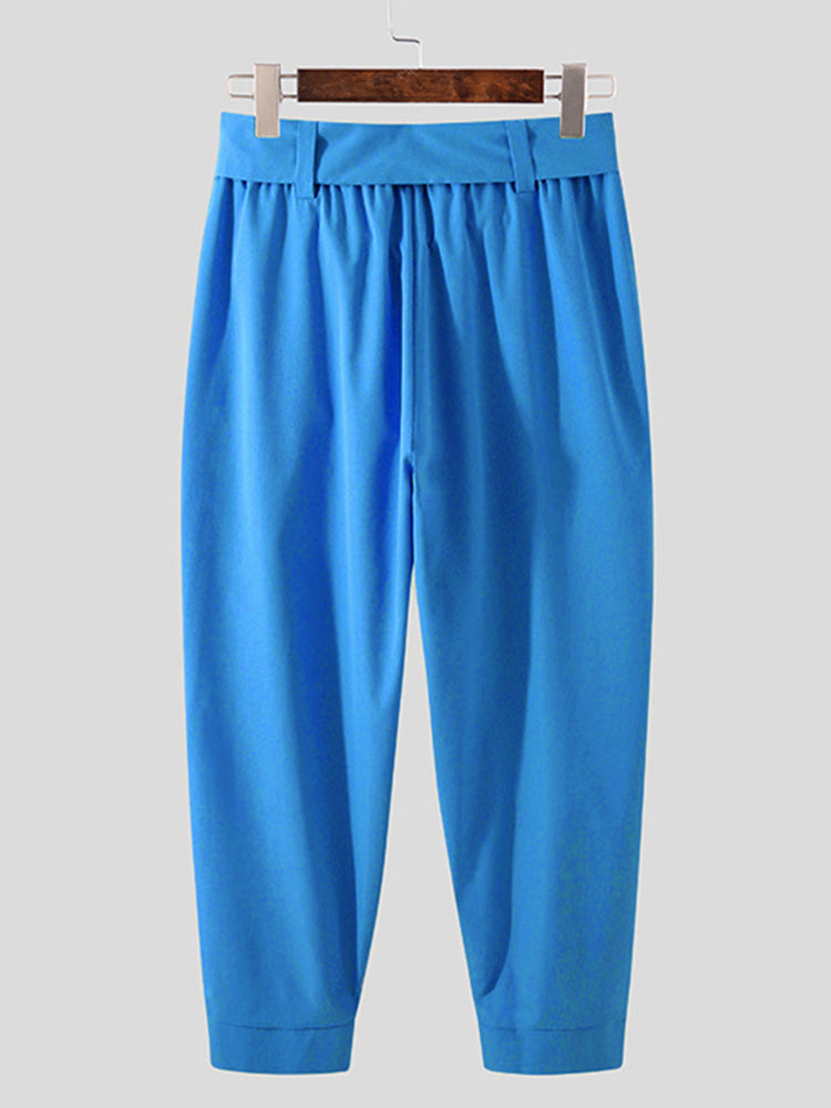 Belted Pleated Wide Leg Cropped Dress Harem Pants - Blue