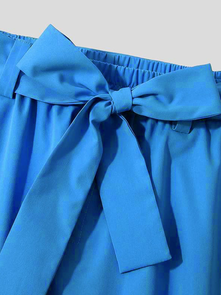 Belted Pleated Wide Leg Cropped Dress Harem Pants - Blue