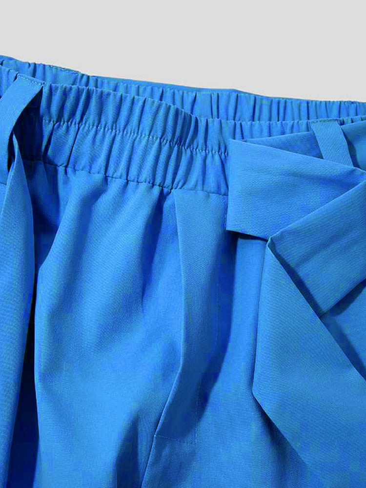 Belted Pleated Wide Leg Cropped Dress Harem Pants - Blue