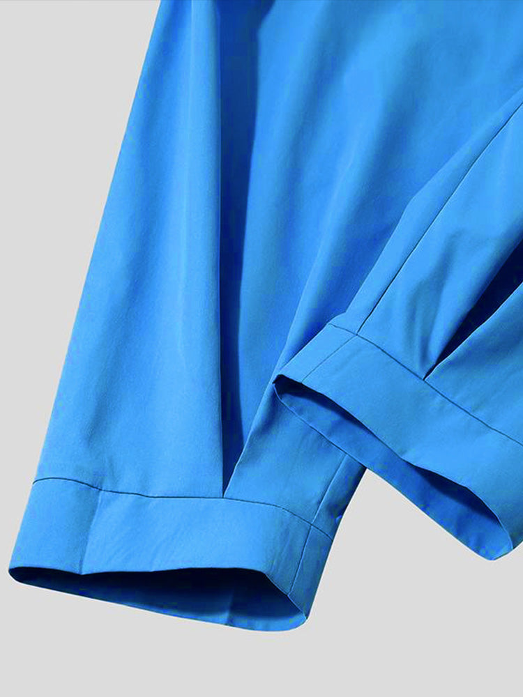 Belted Pleated Wide Leg Cropped Dress Harem Pants - Blue
