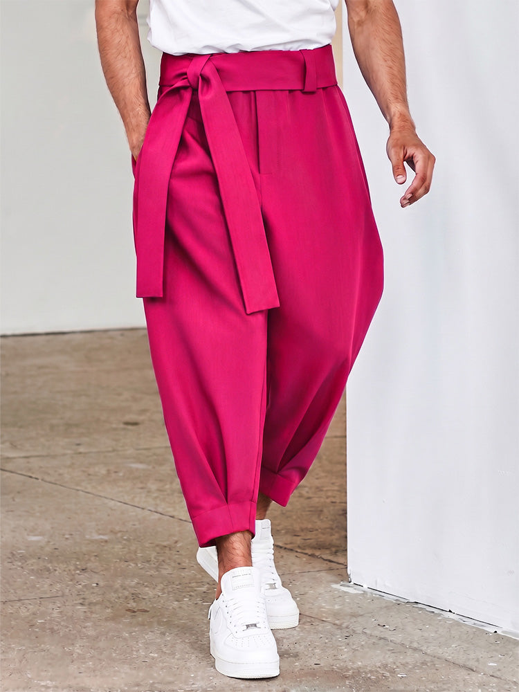 Belted Pleated Wide Leg Cropped Dress Harem Pants - Pink