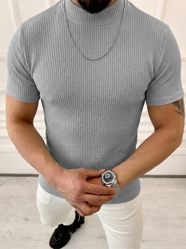 Mock Neck Vertical Cable Knit Short Sleeve T-Shirt - Grey