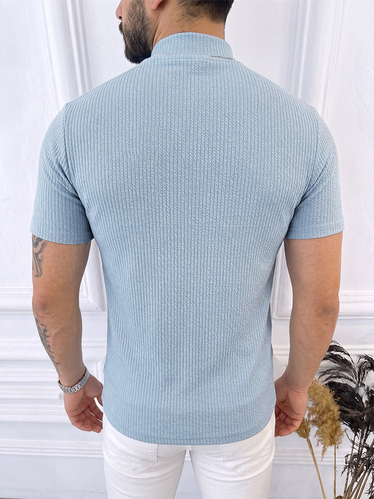 Mock Neck Vertical Cable Knit Short Sleeve T-Shirt - Sky Blue