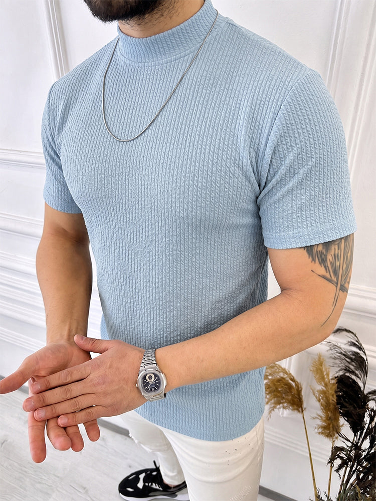 Mock Neck Vertical Cable Knit Short Sleeve T-Shirt - Sky Blue
