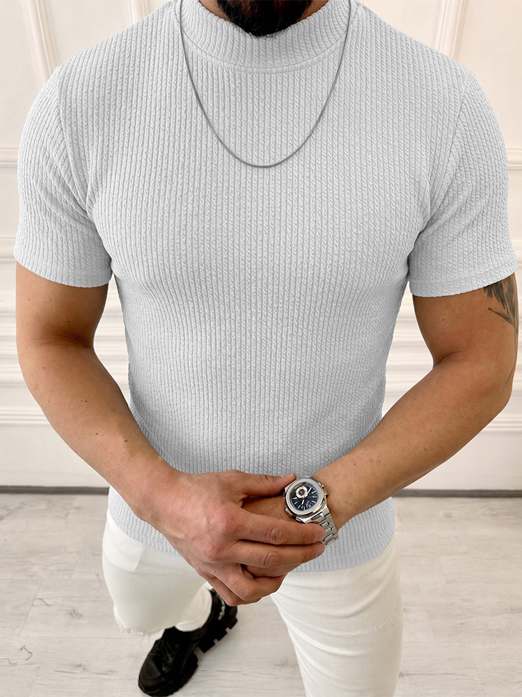 Mock Neck Vertical Cable Knit Short Sleeve T-Shirt - White
