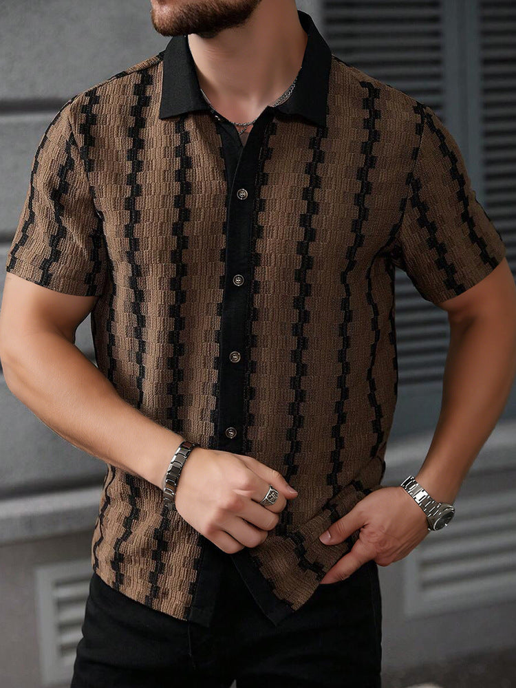Cuban Collar Textured Stripe Short Sleeve Shirt - Dark brown