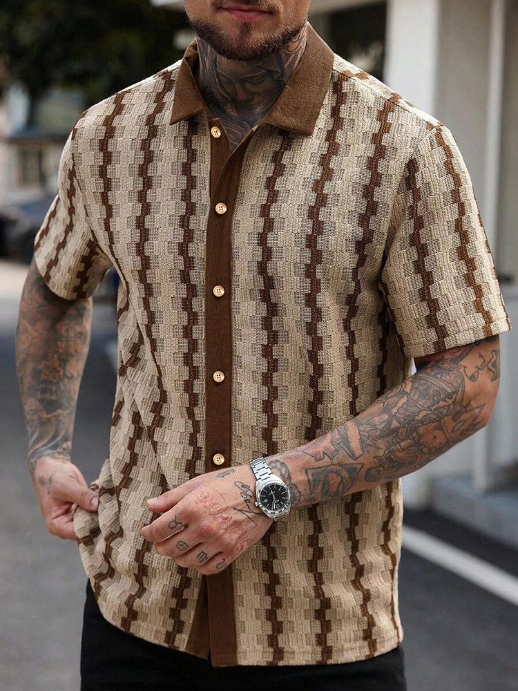 Cuban Collar Textured Stripe Short Sleeve Shirt - Khaki