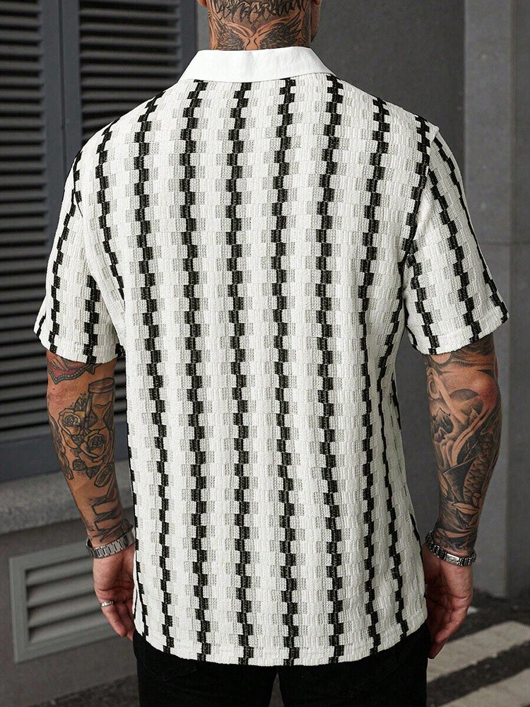 Cuban Collar Textured Stripe Short Sleeve Shirt - White