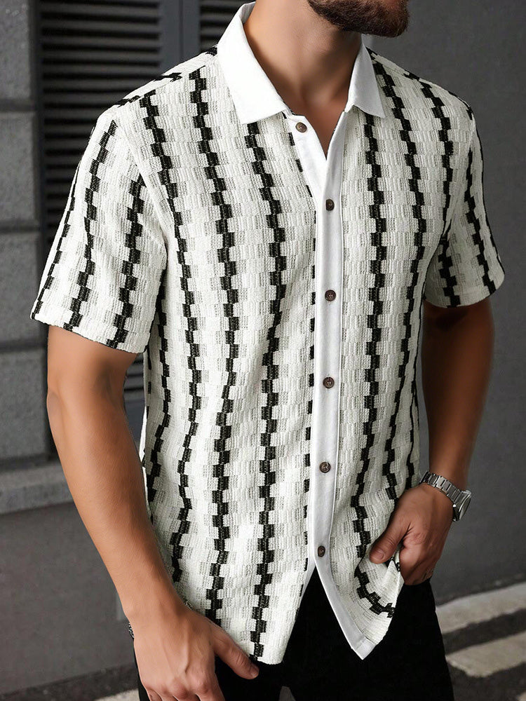 Cuban Collar Textured Stripe Short Sleeve Shirt - White