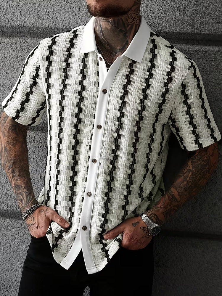 Cuban Collar Textured Stripe Short Sleeve Shirt - White
