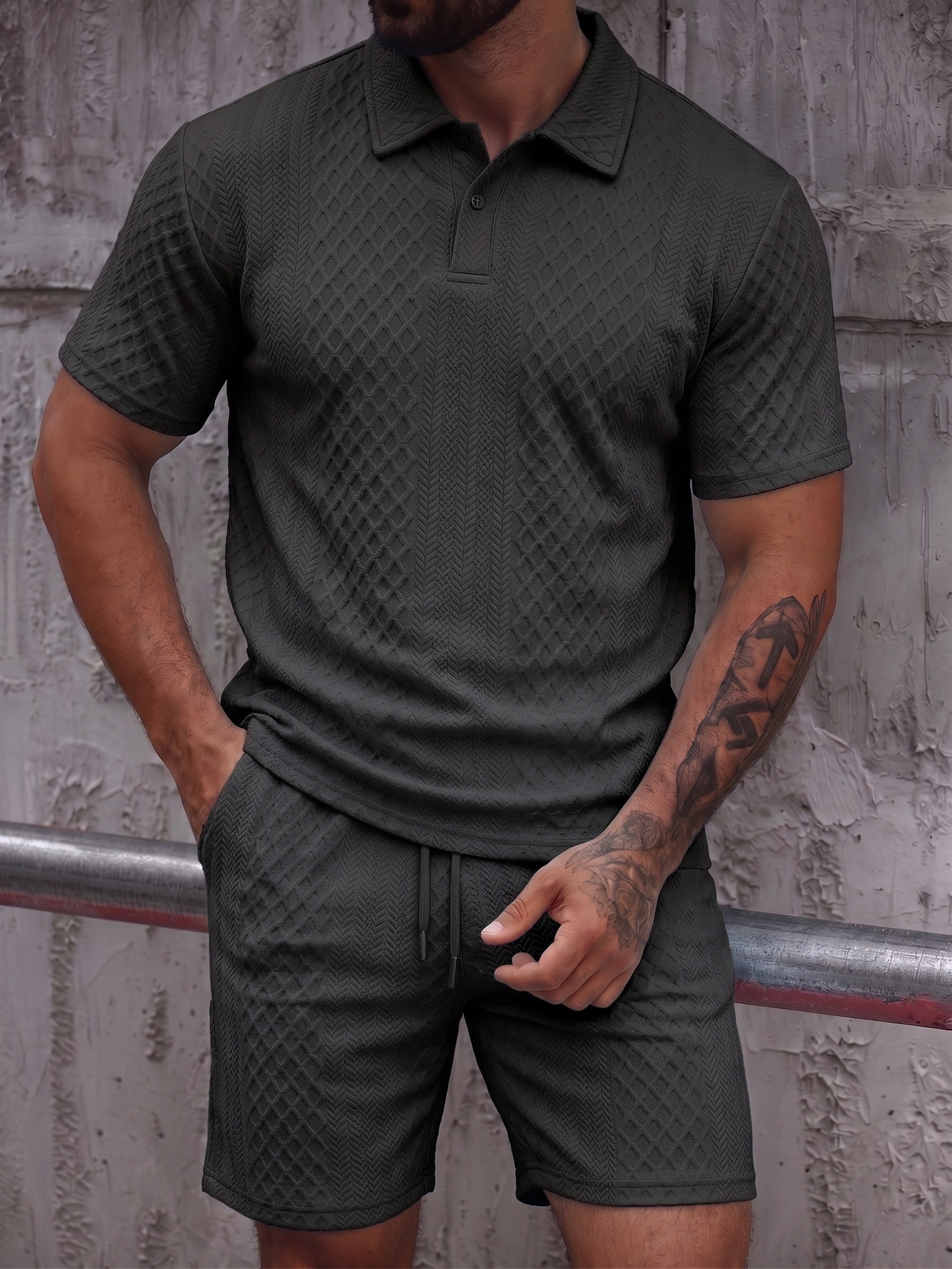 Textured Jacquard Polo Shirt and Shorts 2 Piece Set - Black