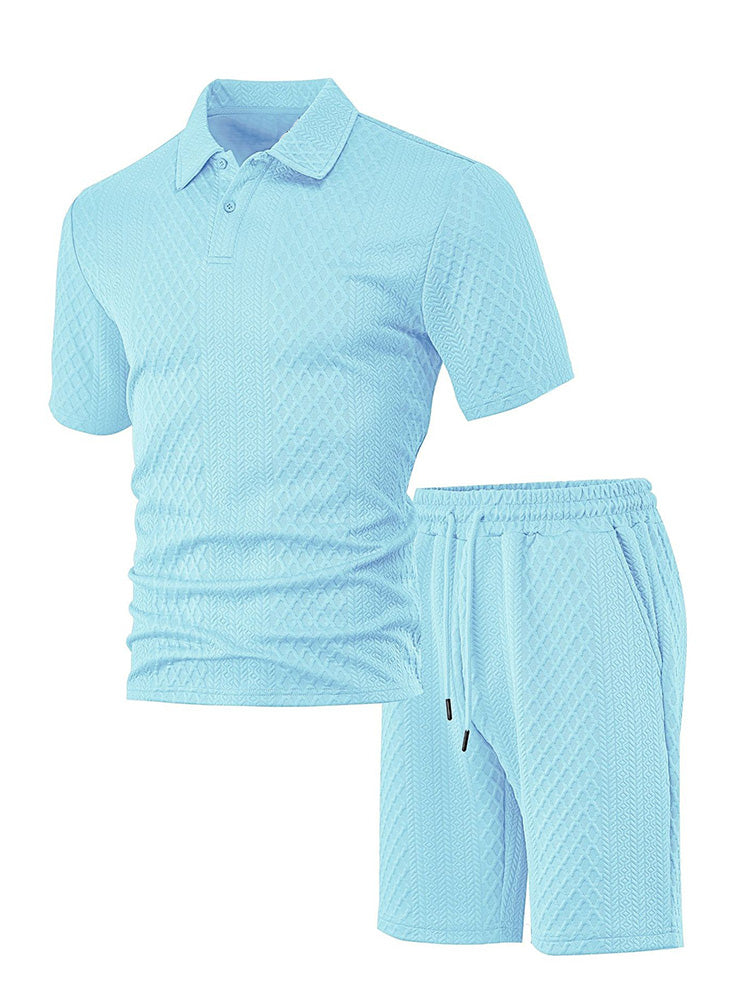 Textured Jacquard Polo Shirt and Shorts 2 Piece Set - Clear Blue