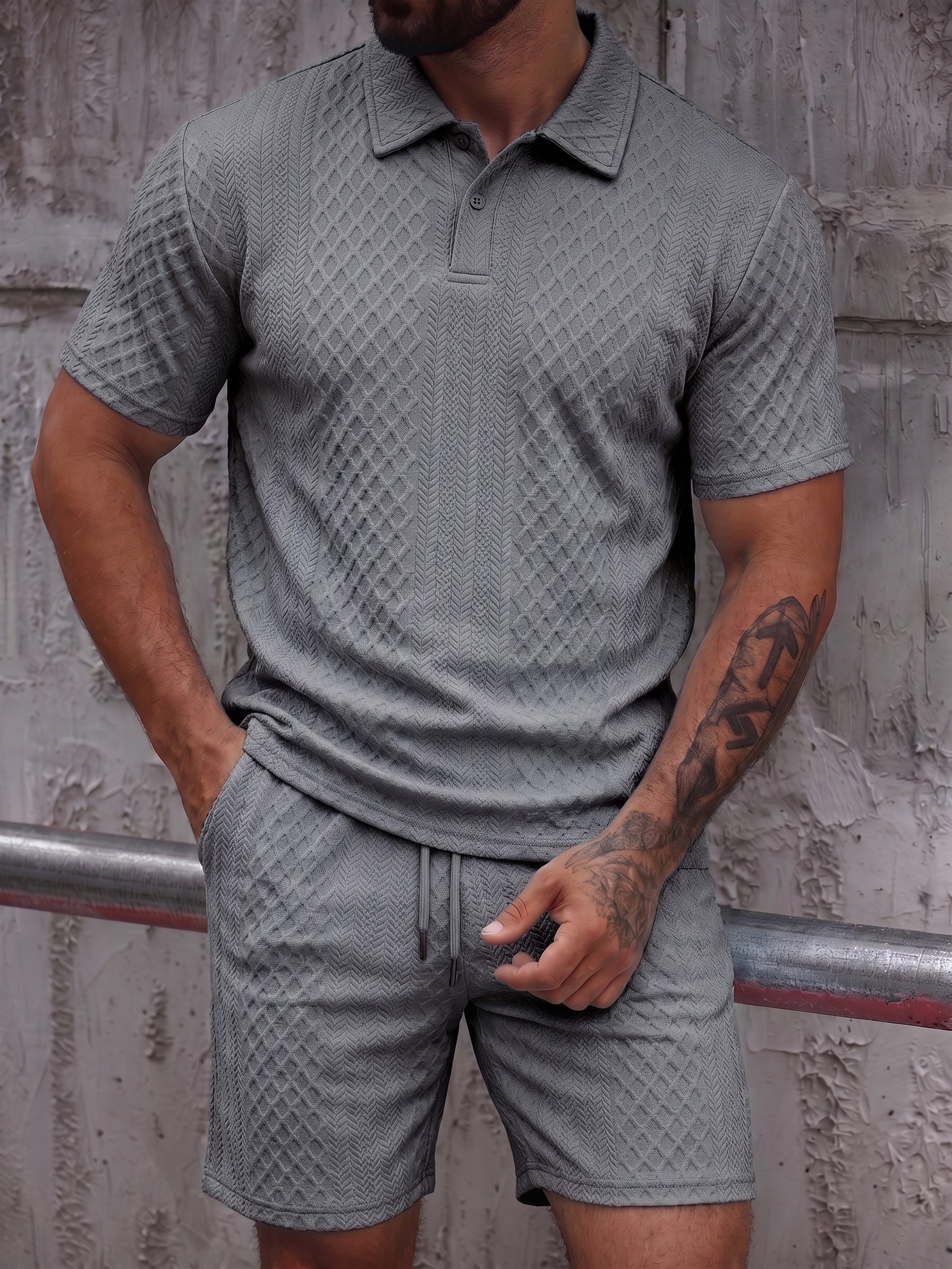 Textured Jacquard Polo Shirt and Shorts 2 Piece Set - Dark Grey