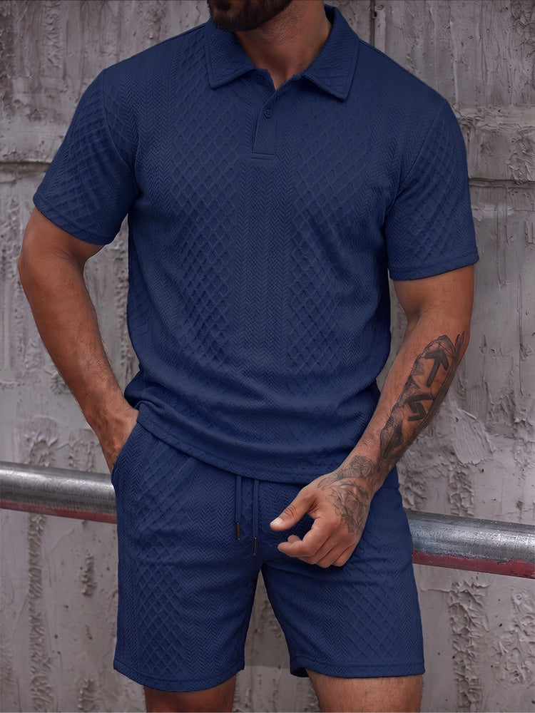 Textured Jacquard Polo Shirt and Shorts 2 Piece Set - Navy Blue