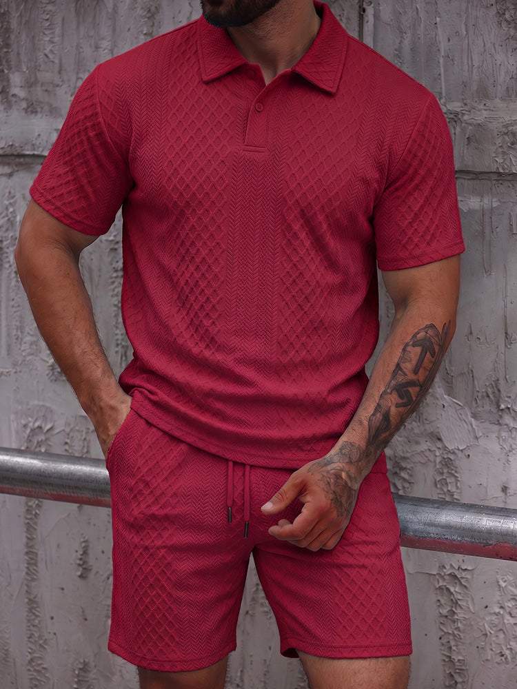 Textured Jacquard Polo Shirt and Shorts 2 Piece Set - Wine Red