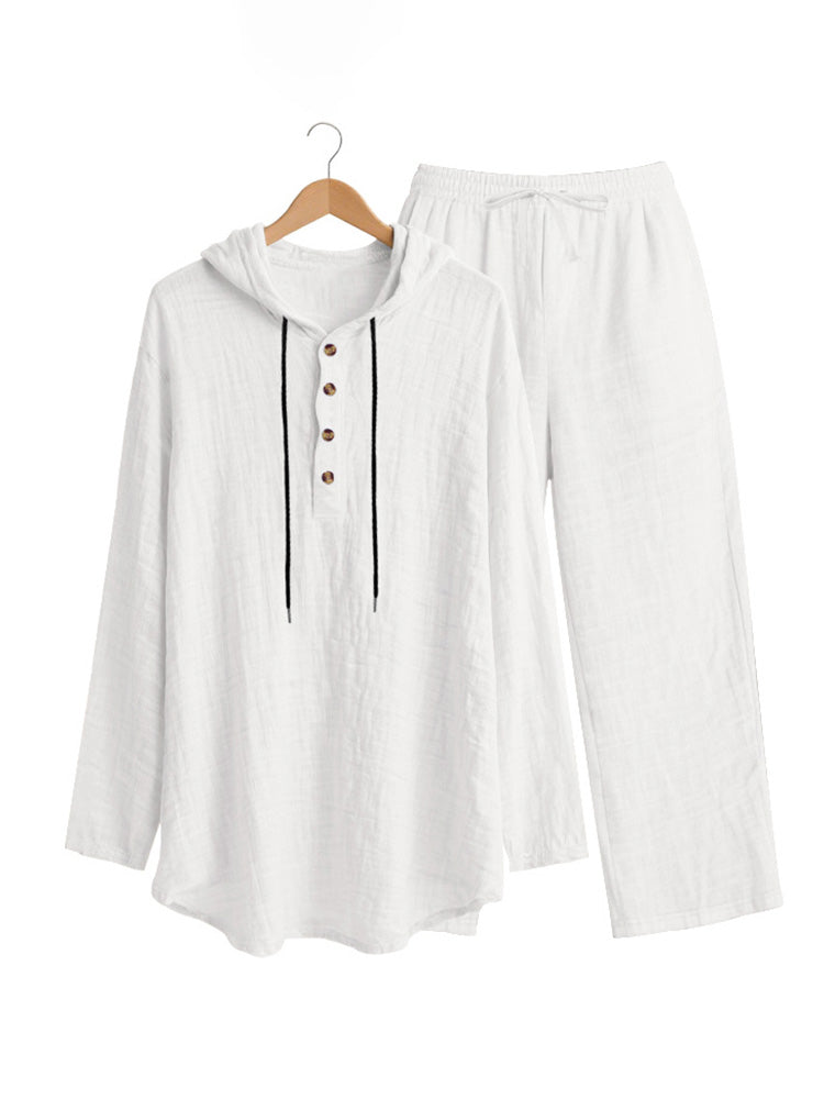Crinkle Texture Hooded Henley and Wide Leg Pants Set - White