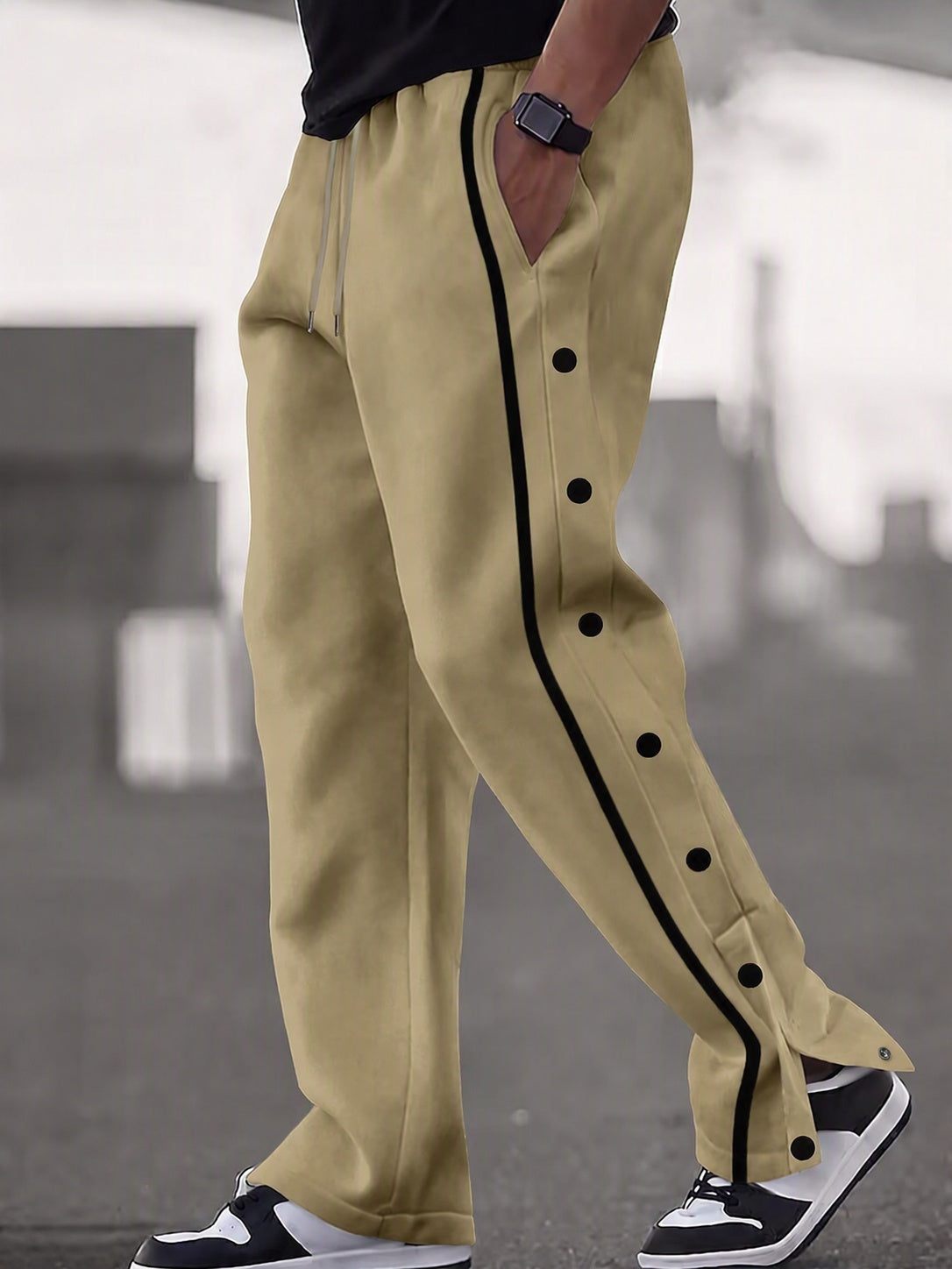 Retro Side Snap Button Wide Leg Track Pants - Apricot