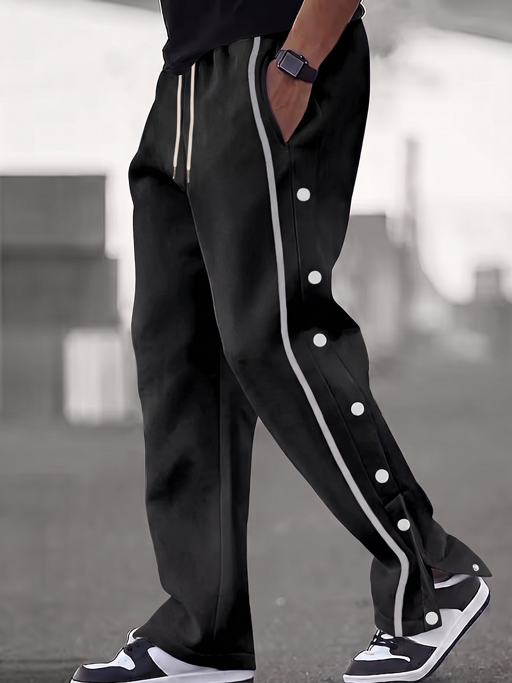 Retro Side Snap Button Wide Leg Track Pants - Black