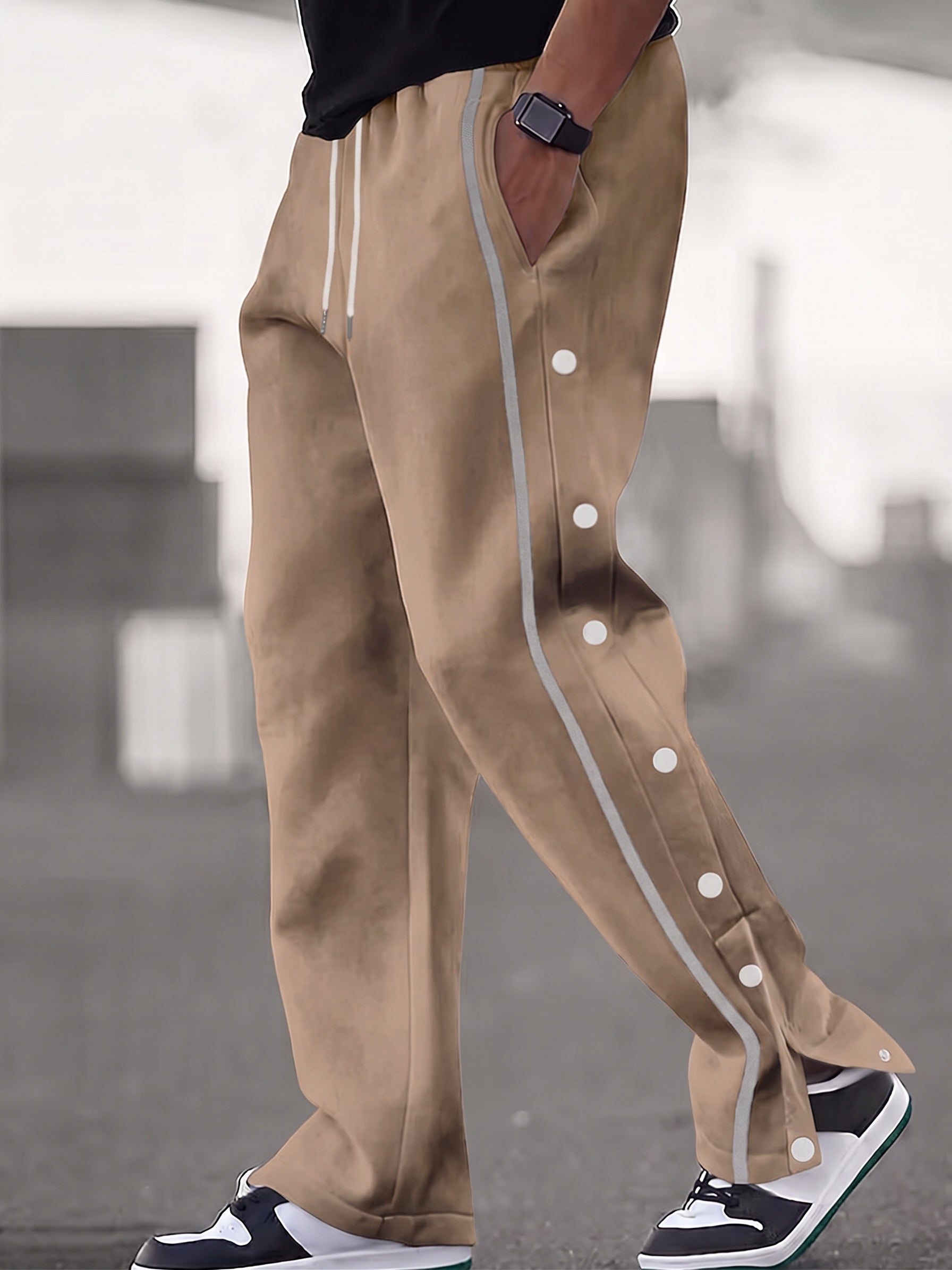 Retro Side Snap Button Wide Leg Track Pants - Coffee