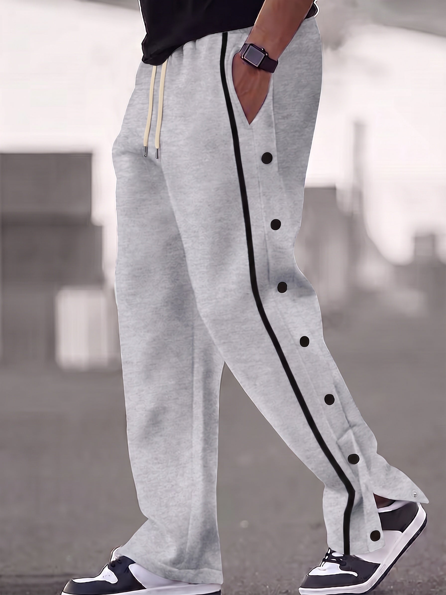 Retro Side Snap Button Wide Leg Track Pants - Light Grey