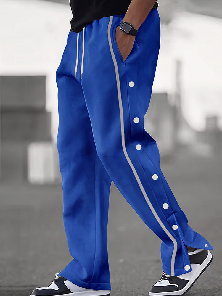 Retro Side Snap Button Wide Leg Track Pants - Royal Blue
