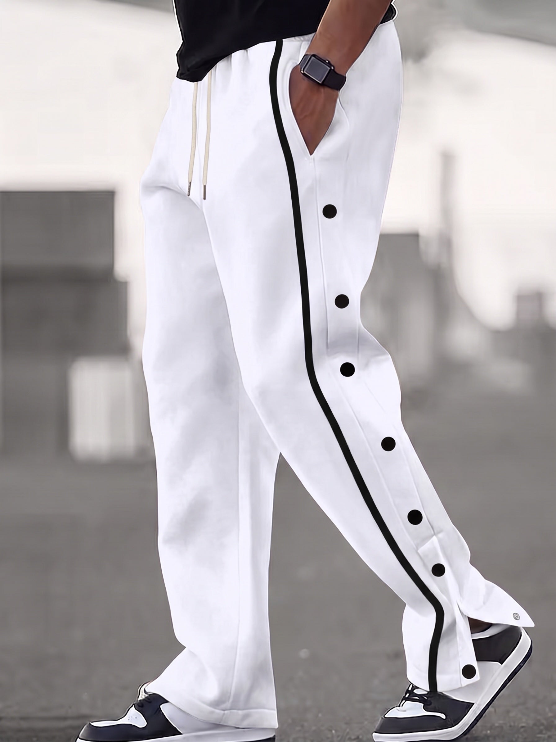 Retro Side Snap Button Wide Leg Track Pants - White