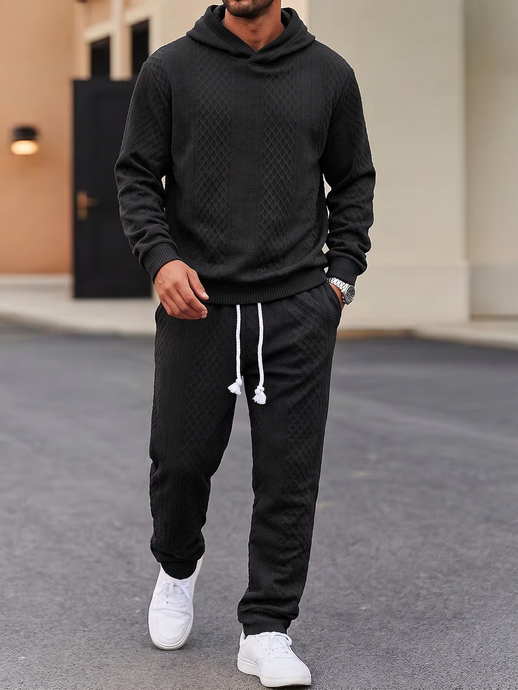 Textured Jacquard Hooded Sweatshirt and Joggers Set - Black