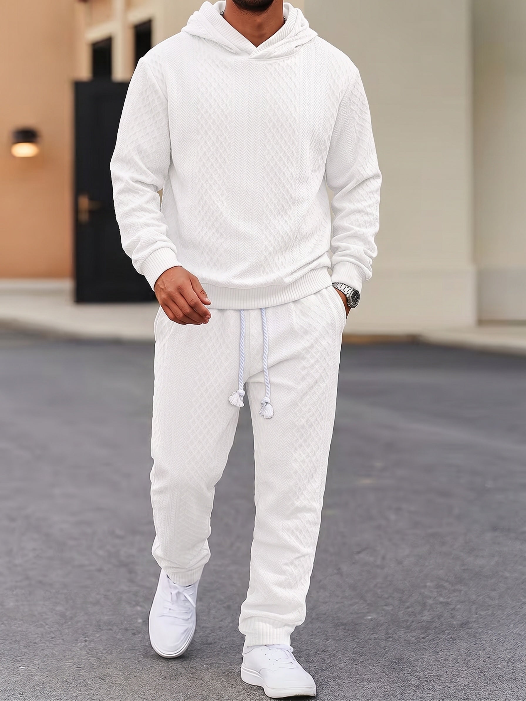 Textured Jacquard Hooded Sweatshirt and Joggers Set - White