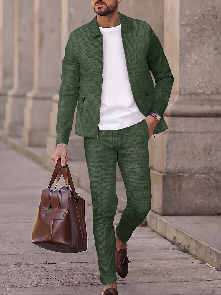 Modern Smart Casual Plaid Zip Jacket and Slim Pants Set - Army Green