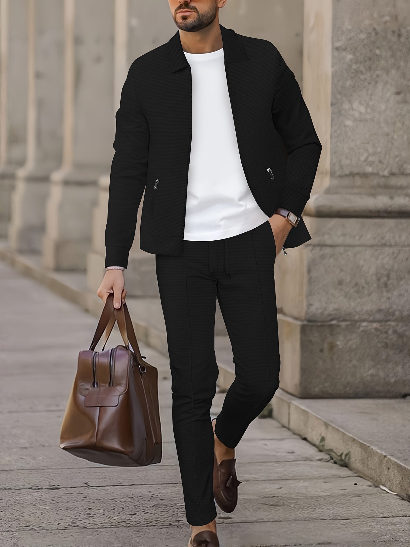 Modern Smart Casual Plaid Zip Jacket and Slim Pants Set - Black