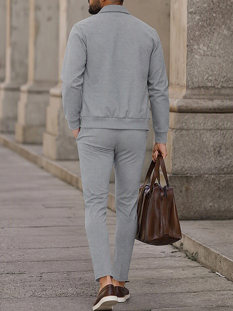 Modern Smart Casual Plaid Zip Jacket and Slim Pants Set - Light Grey