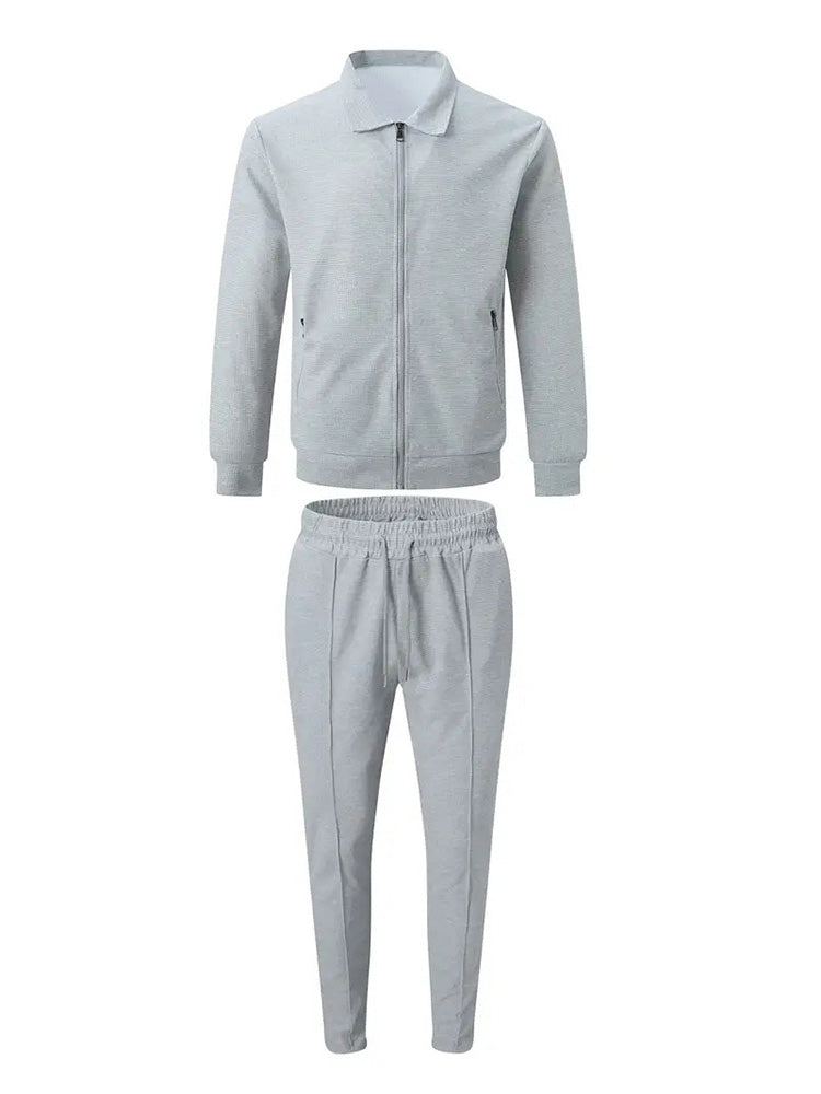 Modern Smart Casual Plaid Zip Jacket and Slim Pants Set - Light Grey